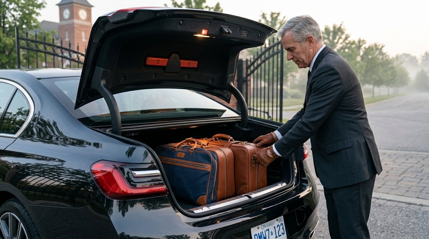 Chauffeur carefully loading executive leather suitcases into the boot of a luxury black saloon for clear Woodbridge airport limo service prices