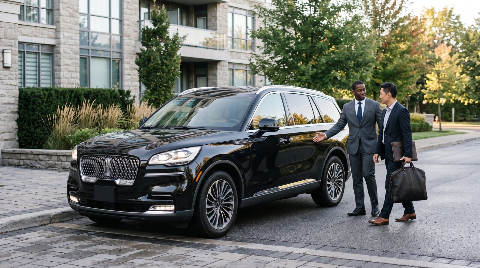 Over the shoulder shot of an executive opening the passenger door of a luxury saloon for the best Thornhill to Pearson limo service outside a private golf club in Thornhill