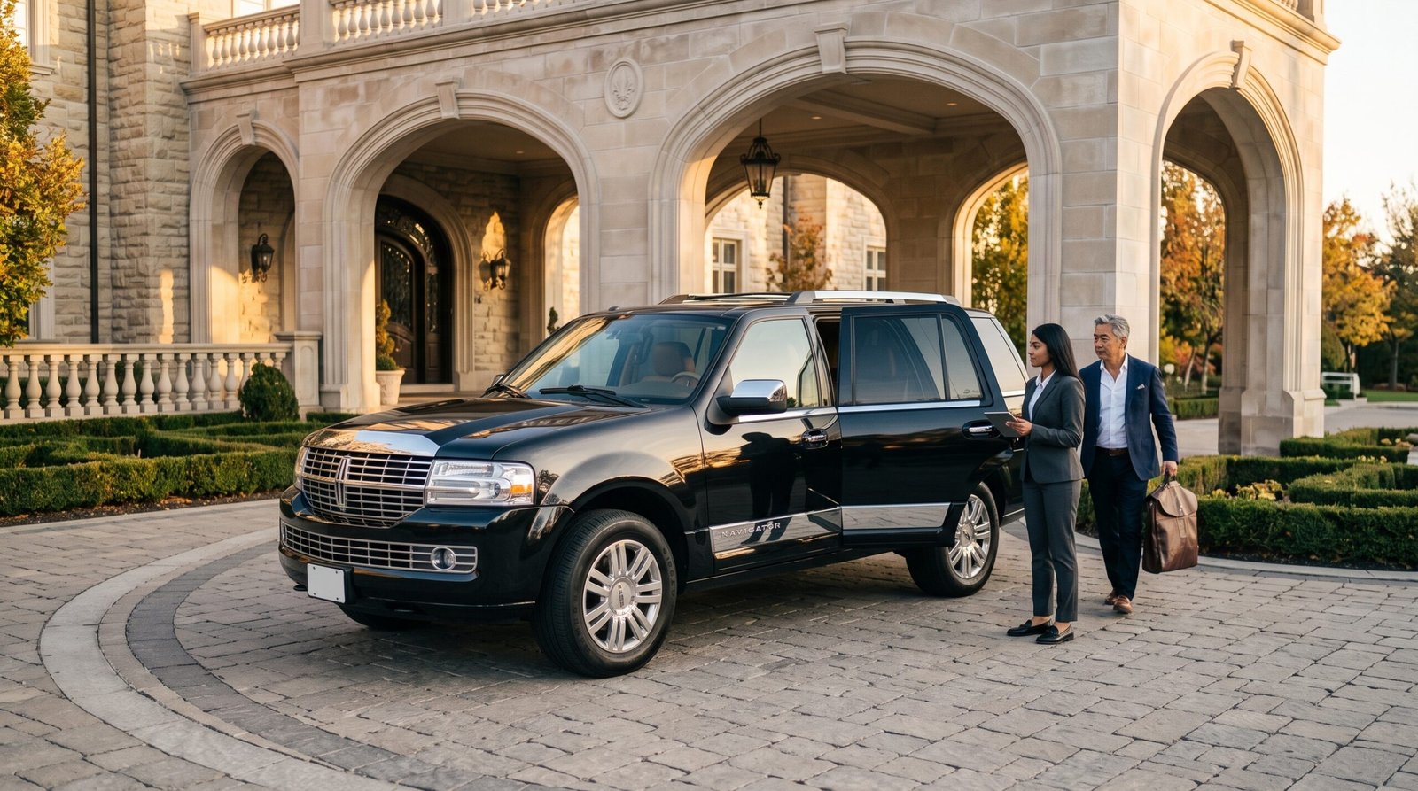 Poised female chauffeur standing beside a black luxury SUV for luxury Woodbridge airport limo service outside Chateau Le Jardin in Woodbridge