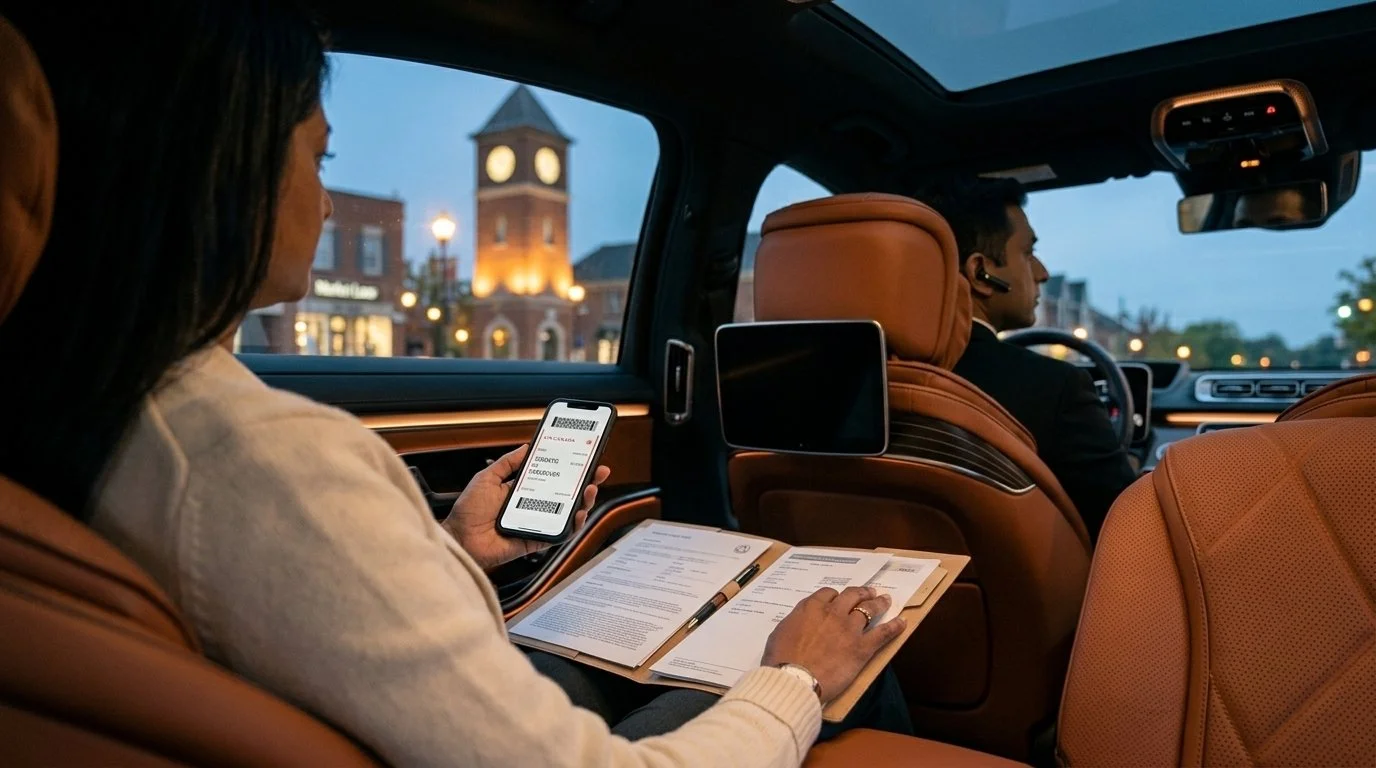 Over the shoulder shot of an executive woman holding a flight pass inside a luxury saloon for affordable Woodbridge airport limo service in Market Lane
