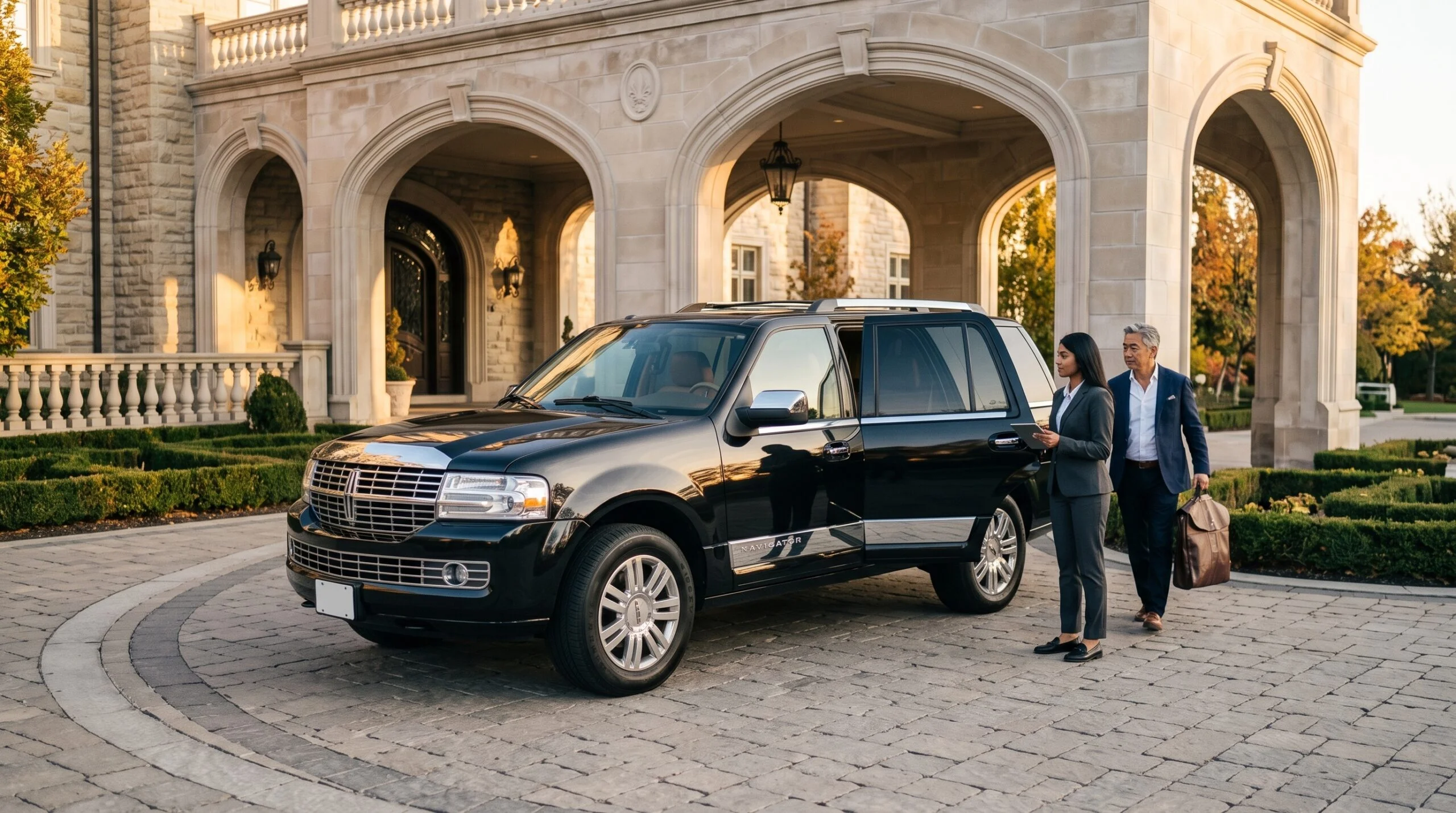 Poised female chauffeur standing beside a black luxury SUV for luxury Woodbridge airport limo service outside Chateau Le Jardin in Woodbridge