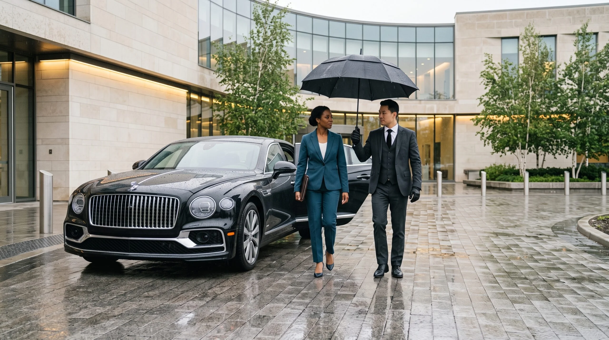Professional chauffeur holding an executive umbrella for an executive client beside a luxury saloon for Maple to Pearson limo service outside Maple Civic Centre